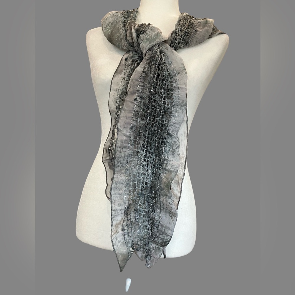 Women Chic Mixed Grey Scarf Netting Overlay Metallic Accents Lightweight 62”x18”